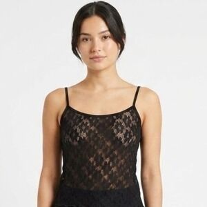 Vtg Max Grey Lace Camisole‎ Women Sm Black Sheer Floral Scallop Hem Whimsigoth